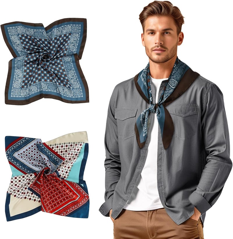 GERINLY Mens Silk Feel Scarf 2 Pack, 27 Inch Neckerchief Ascot, Novelty Head Bandana Wrap - Image 1